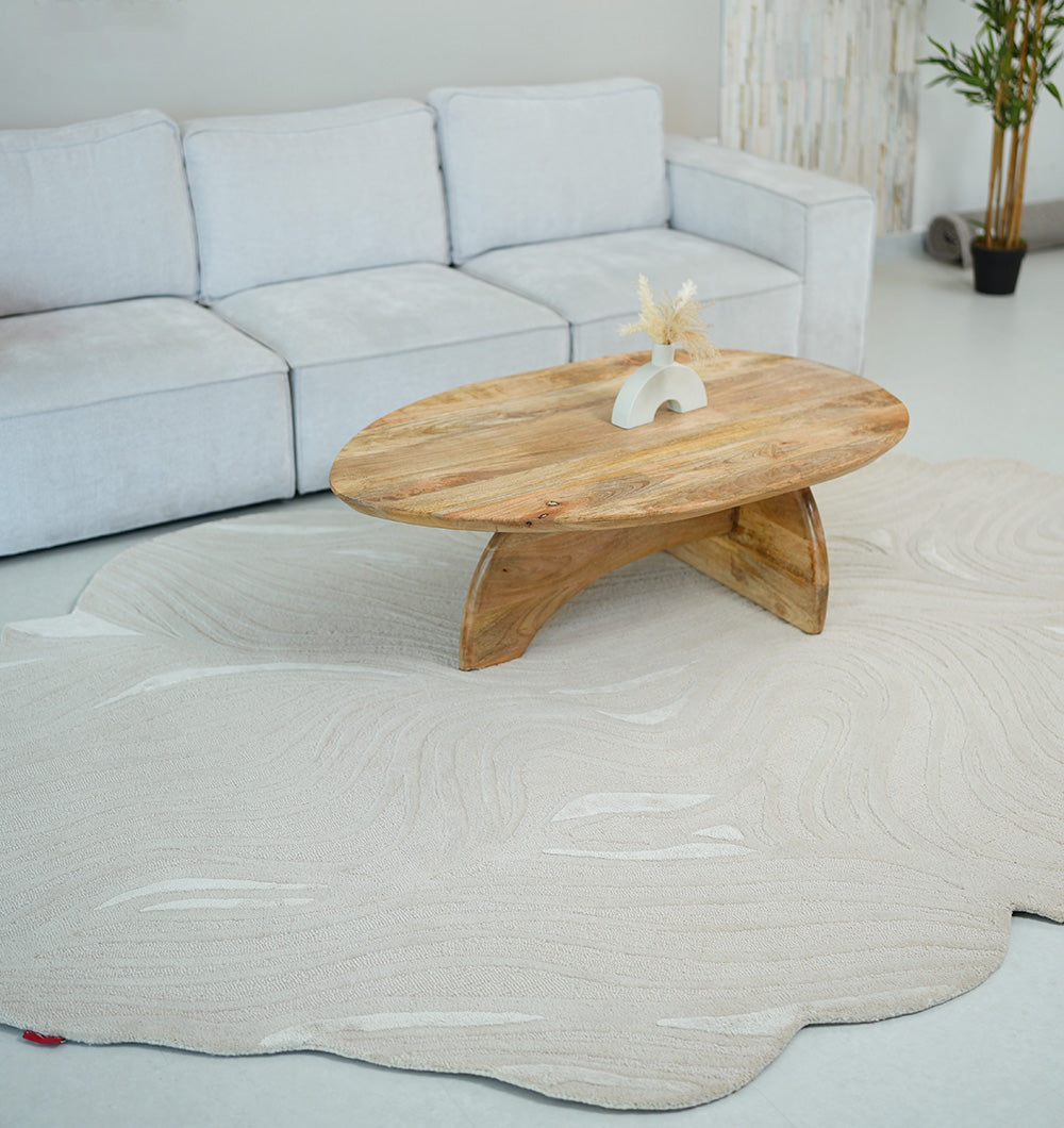 Angled view of the unique rug in a dining area, ensuring practical durability and adding unique character to the interior.