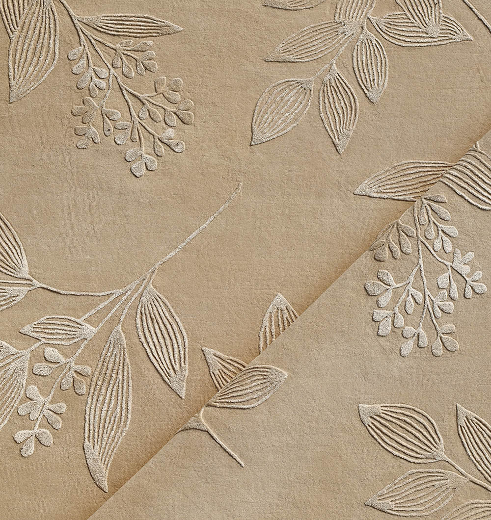 Handmade Floral Embossed Rug – Neutral Beige Leaf Pattern Area – HTWV-146