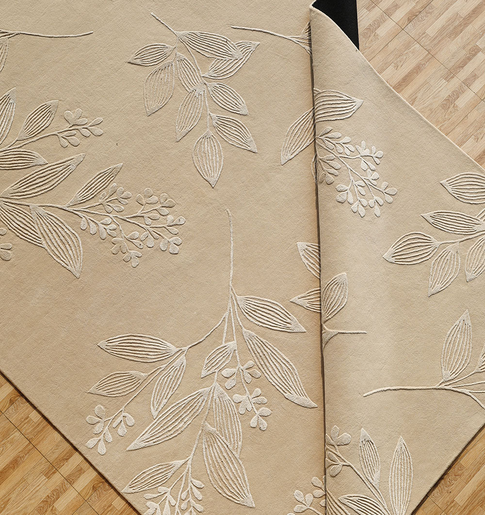Handmade Floral Embossed Rug – Neutral Beige Leaf Pattern Area – HTWV-146