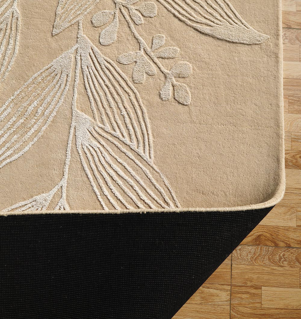 Handmade Floral Embossed Rug – Neutral Beige Leaf Pattern Area – HTWV-146