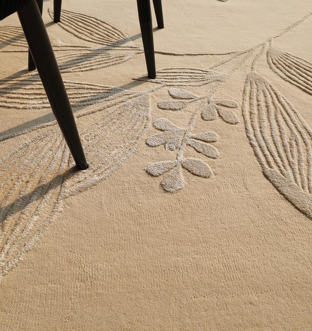 Handmade Floral Embossed Rug – Neutral Beige Leaf Pattern Area – HTWV-146