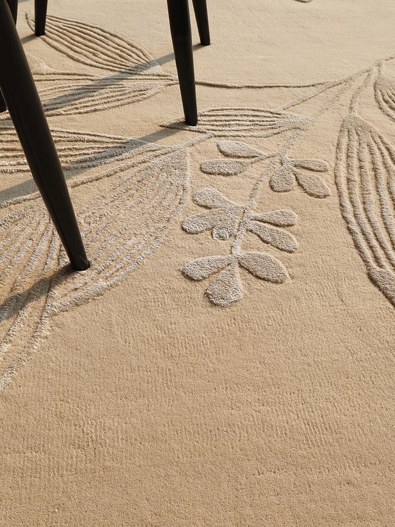Handmade Floral Embossed Rug – Neutral Beige Leaf Pattern Area – HTWV-146