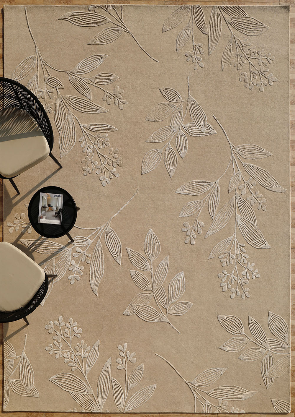 Handmade Floral Embossed Rug – Neutral Beige Leaf Pattern Area – HTWV-146