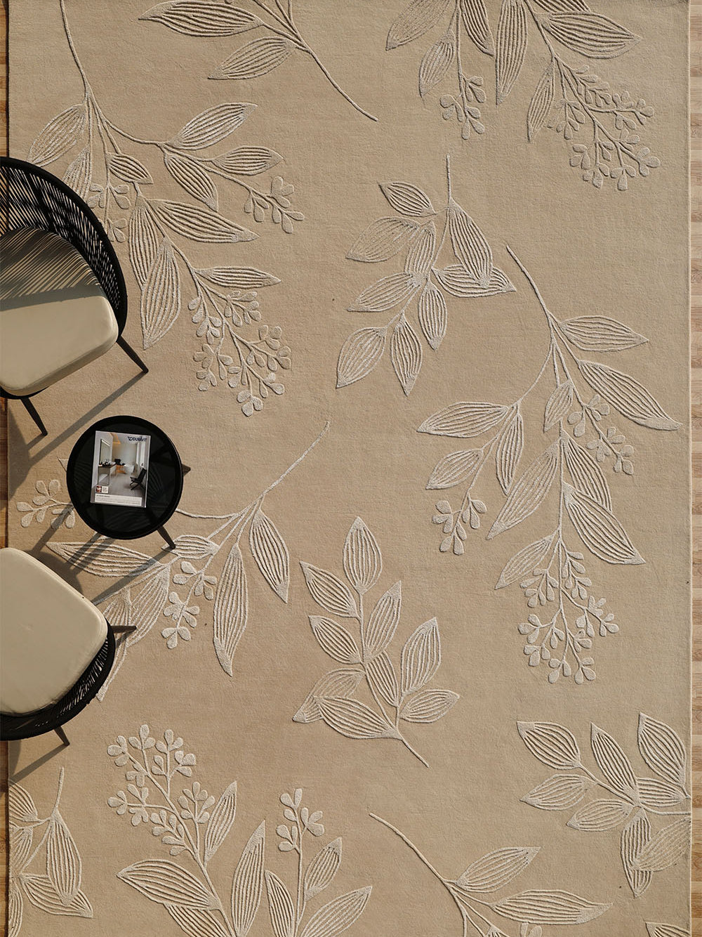 Handmade Floral Embossed Rug – Neutral Beige Leaf Pattern Area – HTWV-146