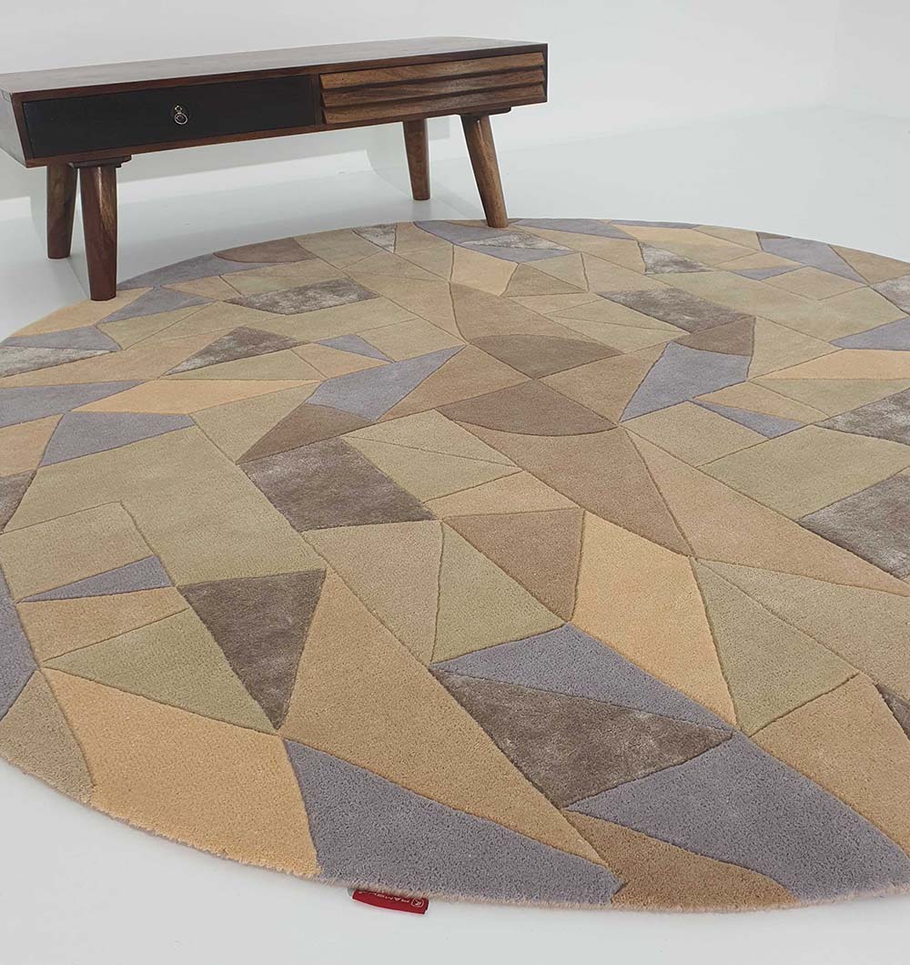 Circular area rug placed in home decor, showcasing the vibrant coloration and rich natural wool quality.