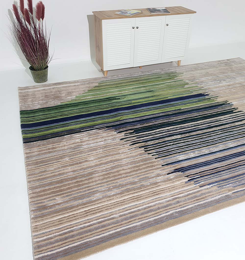 Rectangular wool rug placed in a living room, providing warmth and durable comfort to the floor space.