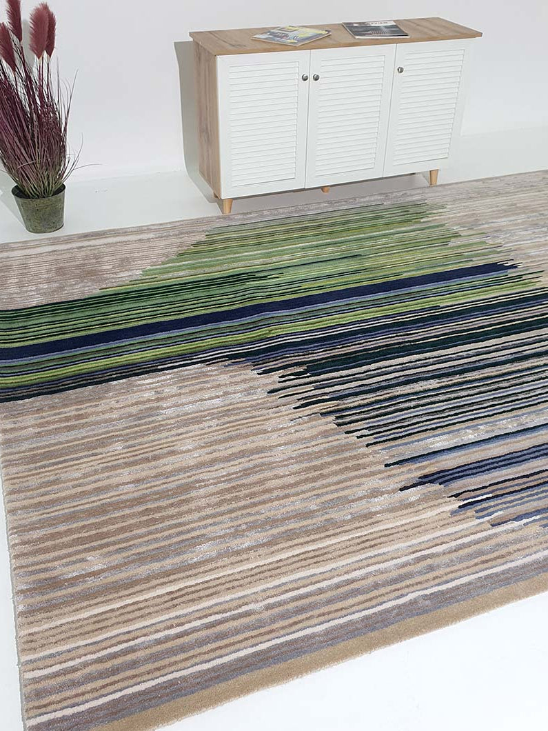 Rectangular wool rug placed in a living room, providing warmth and durable comfort to the floor space.