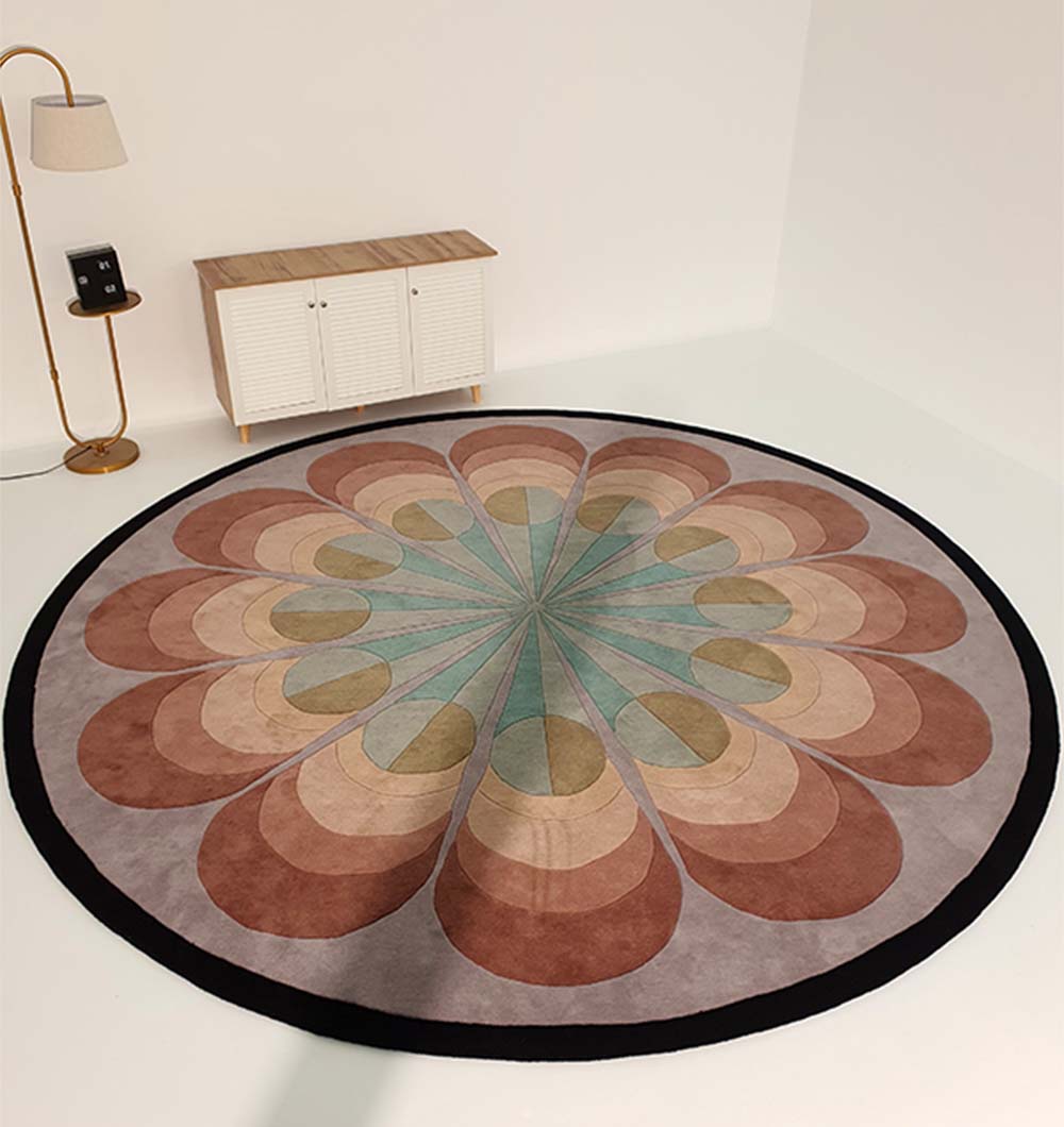 Circular floor accent defining a lounge space, showcasing the spectrum of colors and natural fiber surface.