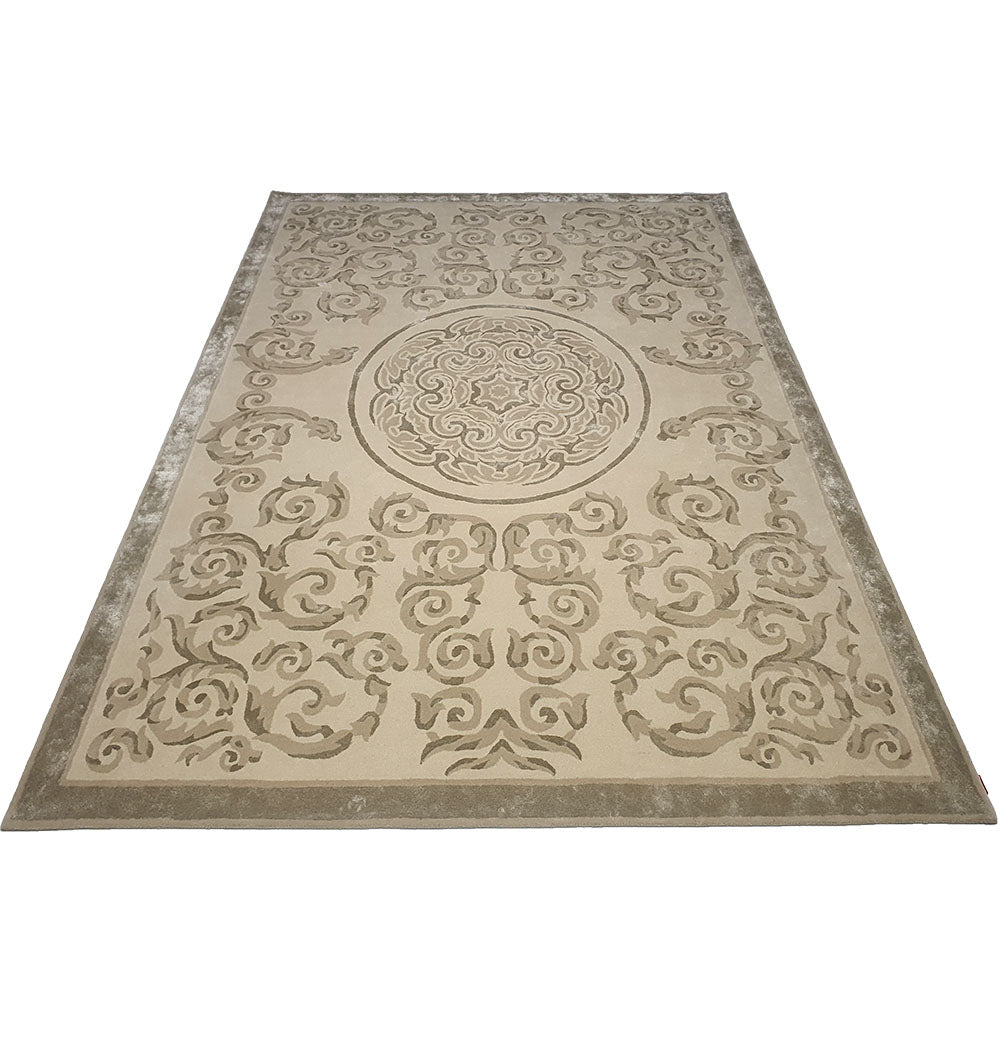 Side angle view showcasing the substantial pile height and rich texture created by the wool and viscose blended material.