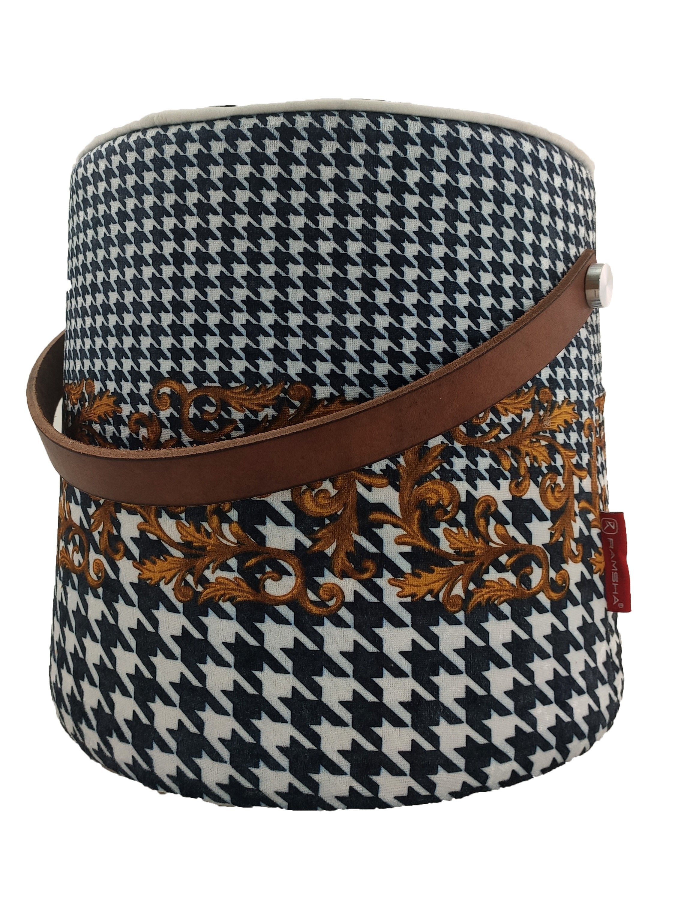 Leather Printed Pedestal Pouf With Leather Handle PF-025