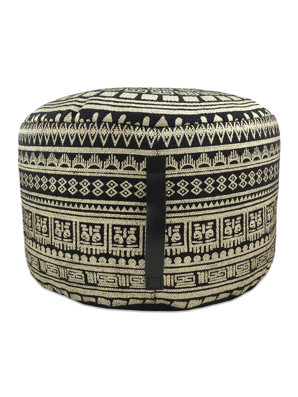 Cotton Pouf Black And Gold With Leather Handle PF-091