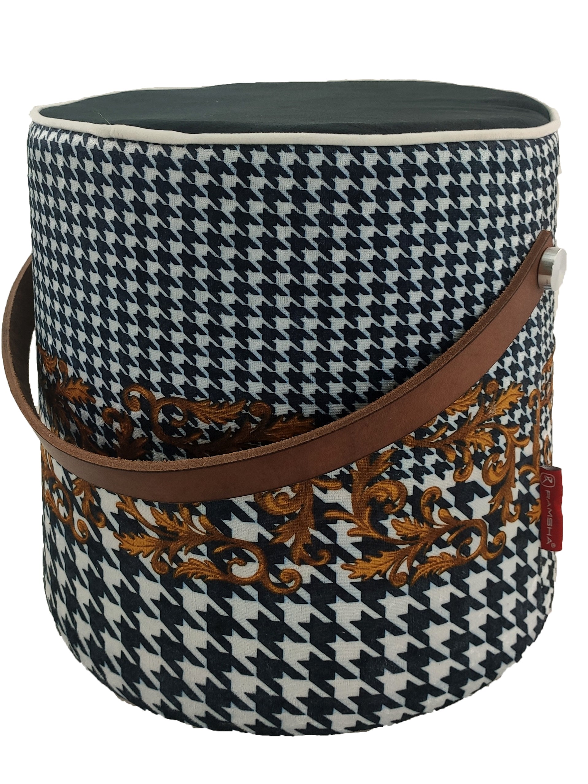 Leather Printed Pedestal Pouf With Leather Handle PF-025