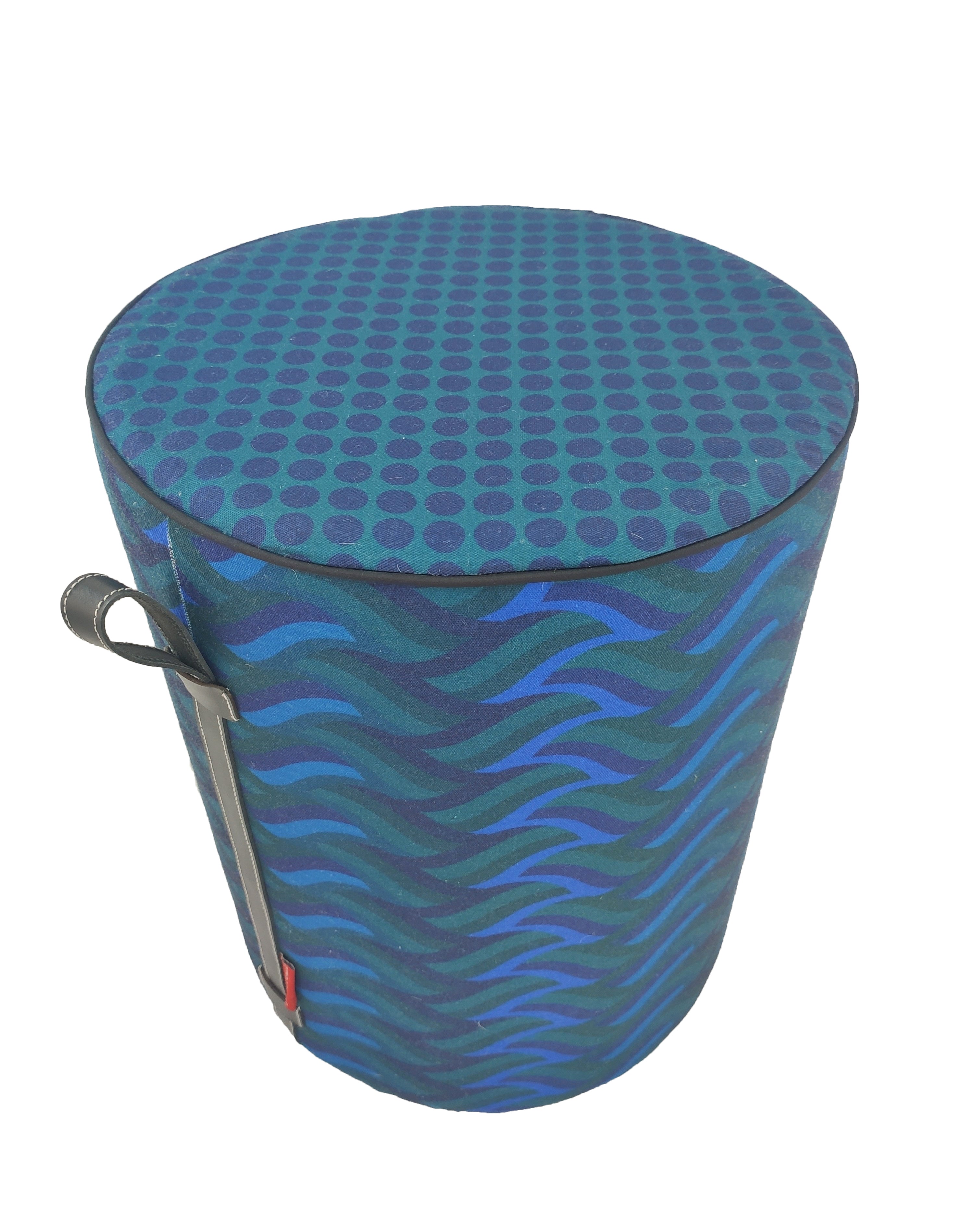 Blue Printed Pedestal Pouf With Leather Handle PF-037