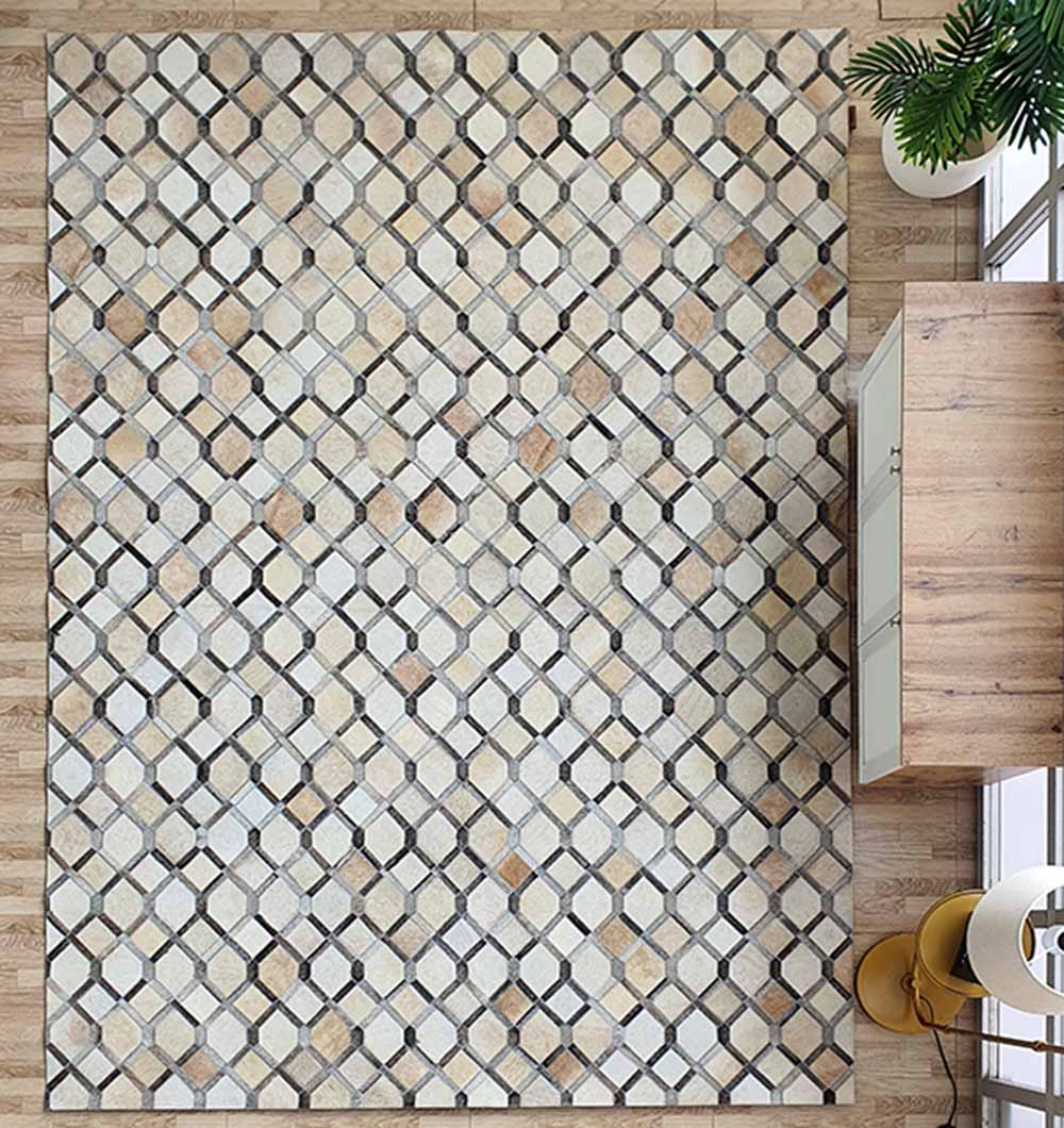 Handmade leather geometry pattern rug LR-002 in grey color for living room, bedroom, or guest room with soft leather texture