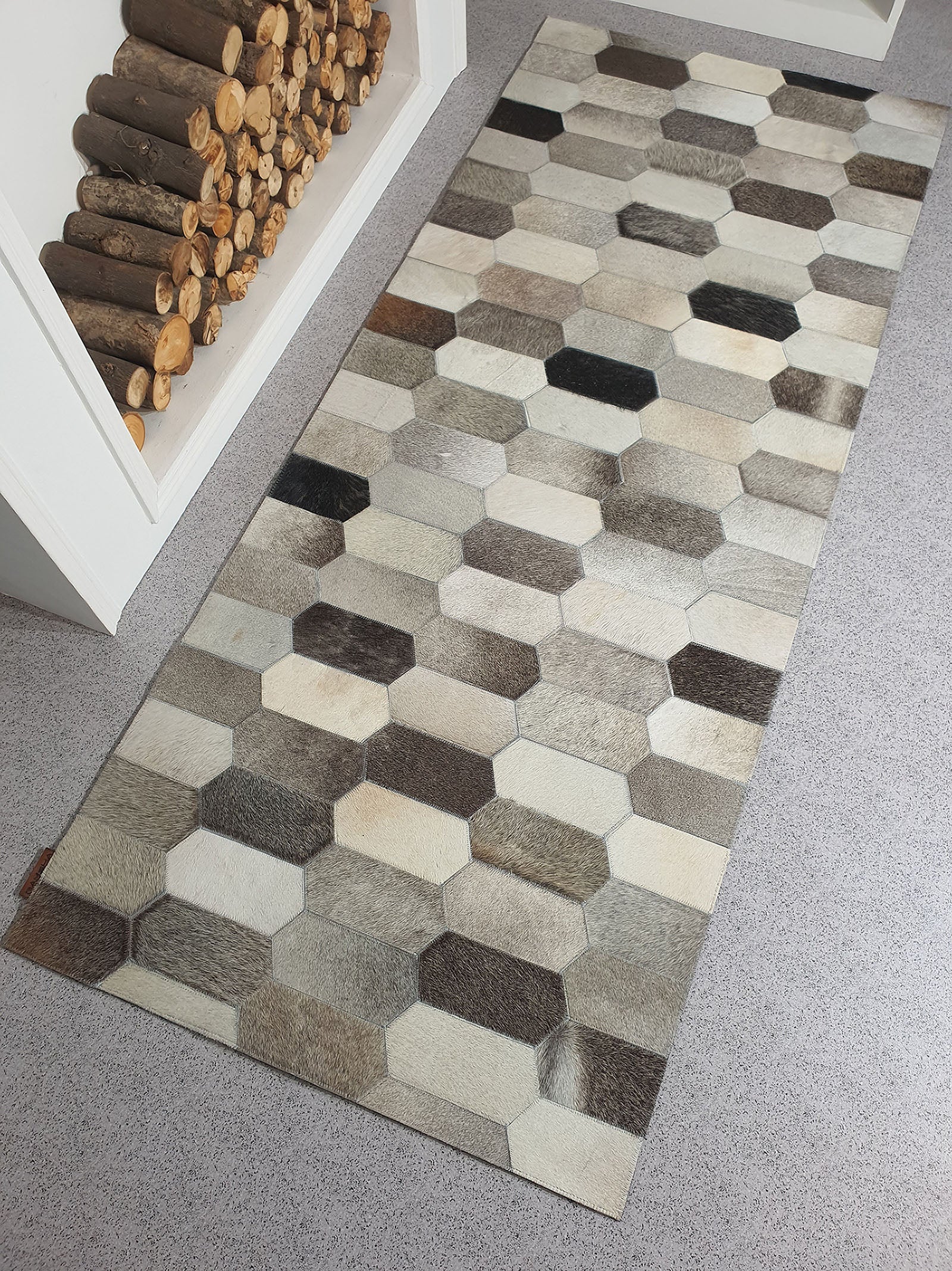 Colorful handmade leather rug LR-011 in guest room or lounge complementing modern home décor