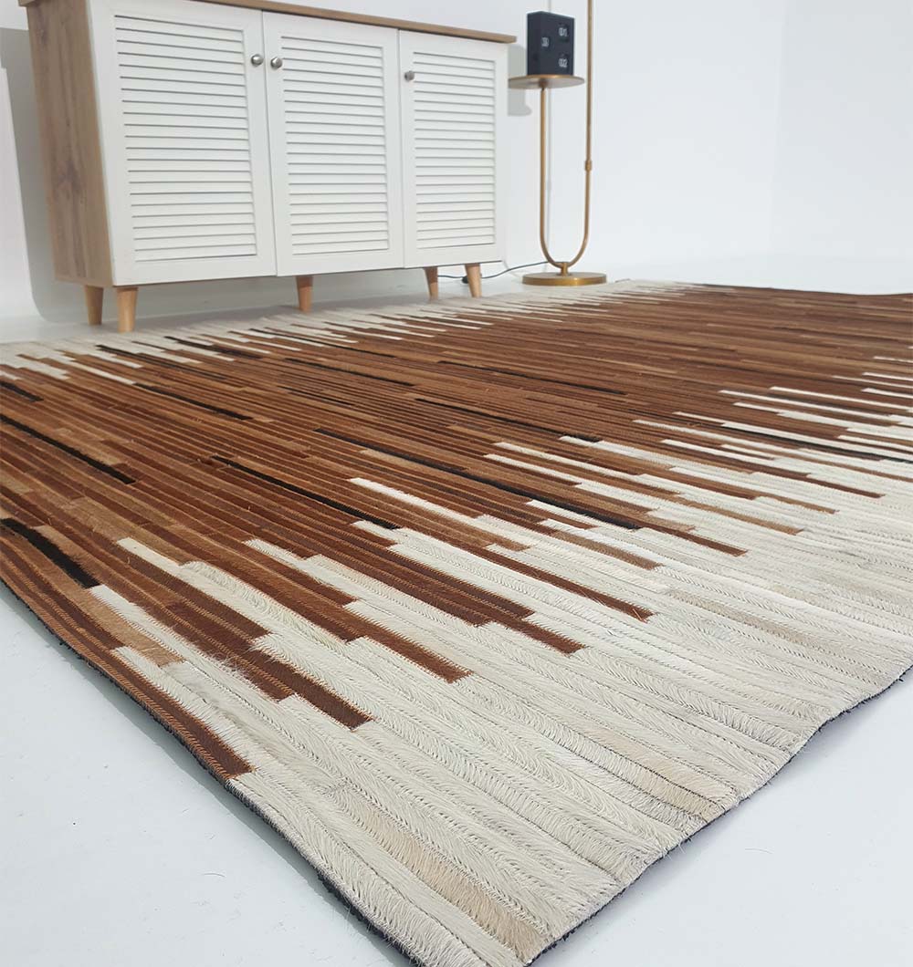 Colorful handmade leather rug with artistic patchwork design enhancing a stylish contemporary home decor setup