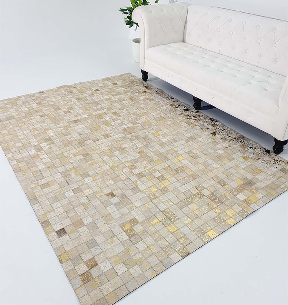 Handmade multicolor leather rug LR-015 in modern living room decor with sofa and wooden furniture