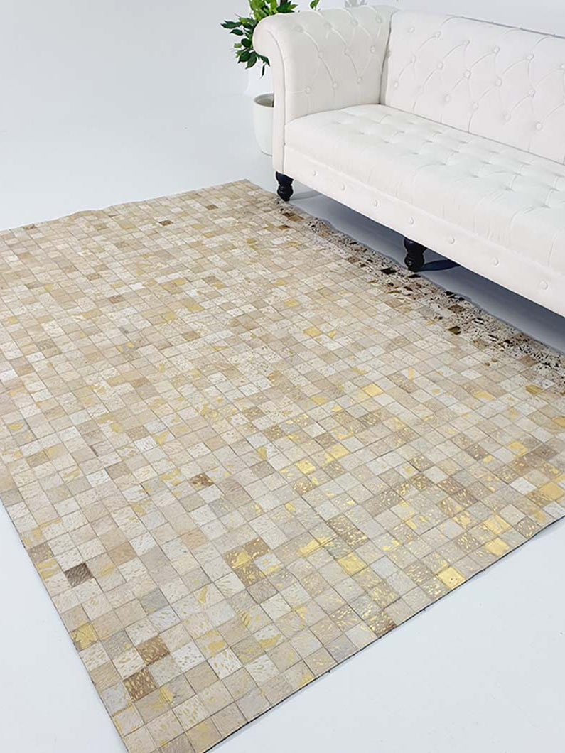 Handmade multicolor leather rug LR-015 in modern living room decor with sofa and wooden furniture