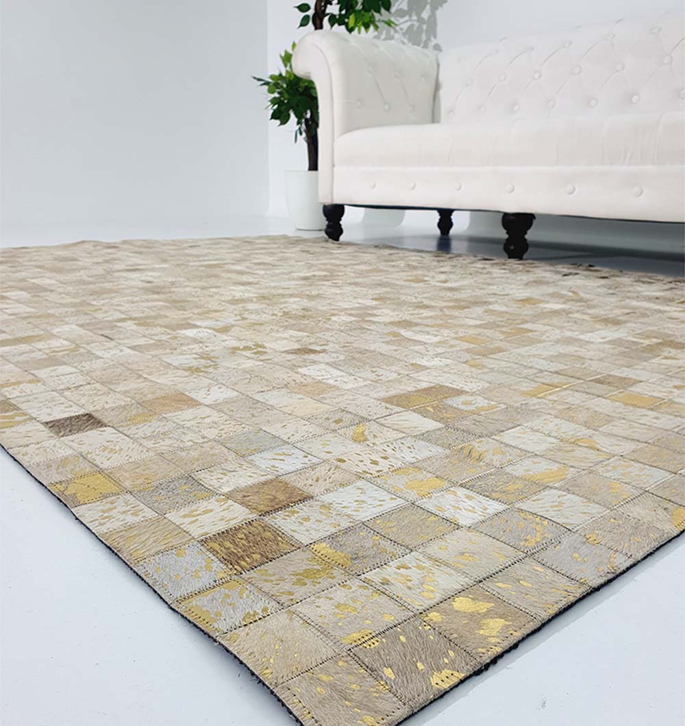 Handmade multicolor leather carpet LR-015 placed beside bed in elegant bedroom interior for home decor