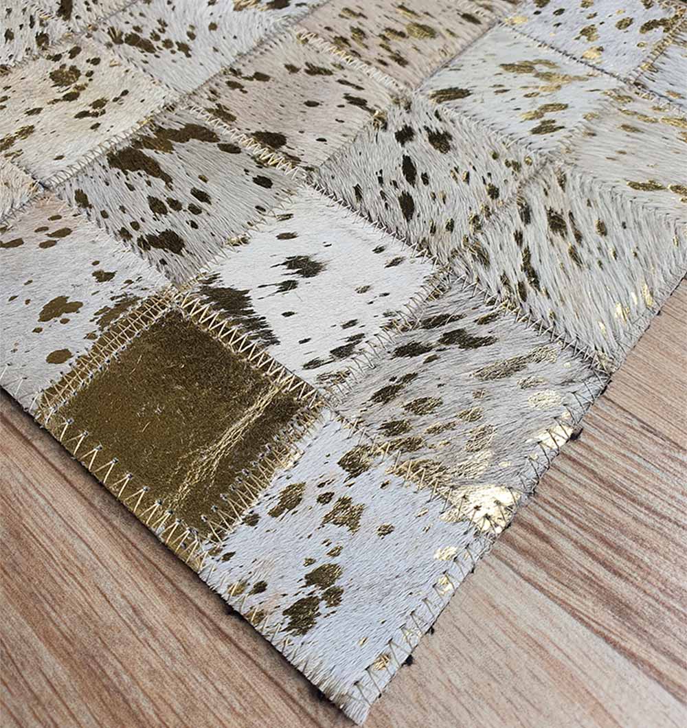 Close-up view of handmade multicolor leather rug LR-015 showing detailed stitching and premium leather texture