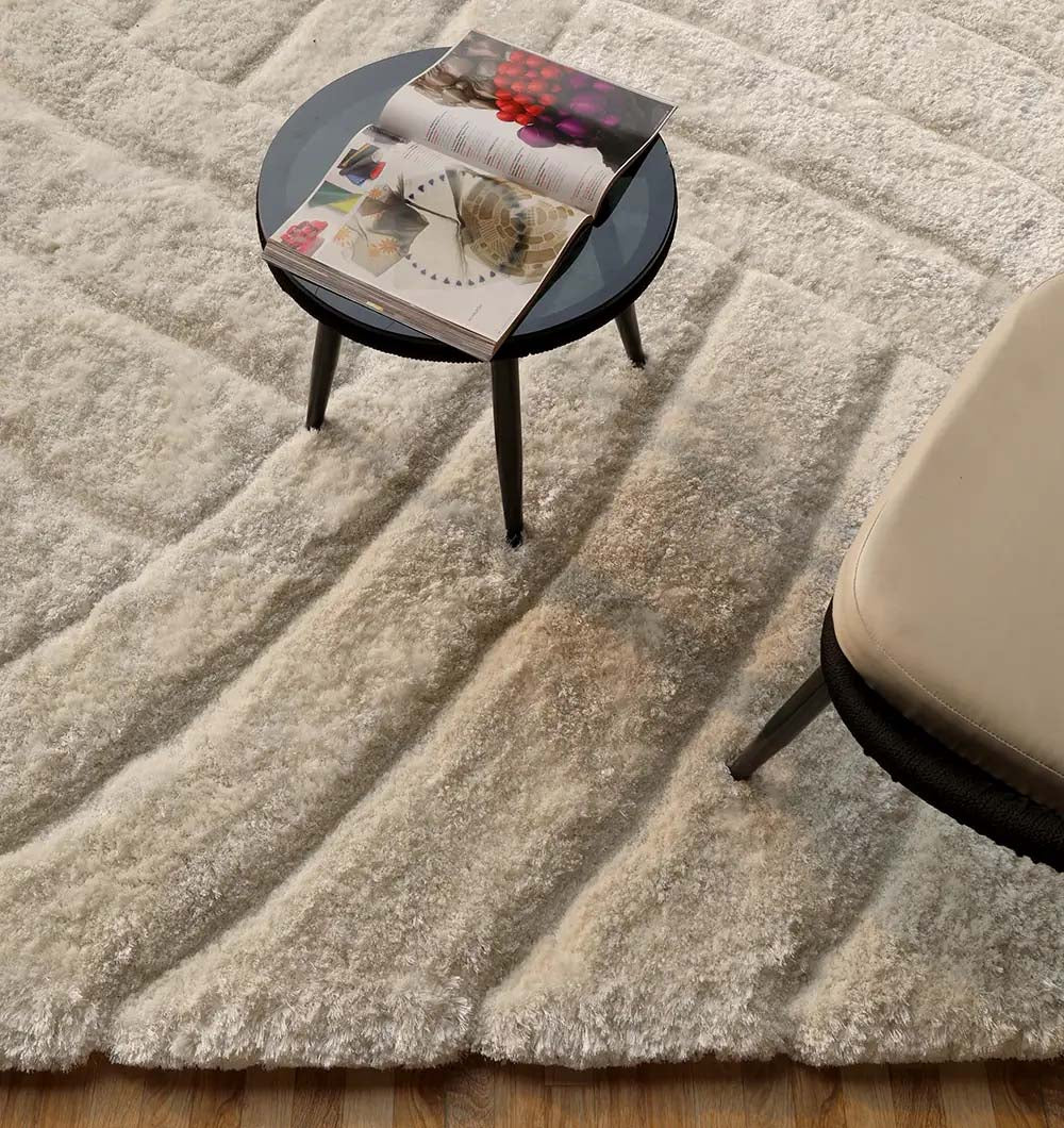 Angled view of the modern soft carpet in the living area, emphasizing how the rectangle rug blends into the home decor.