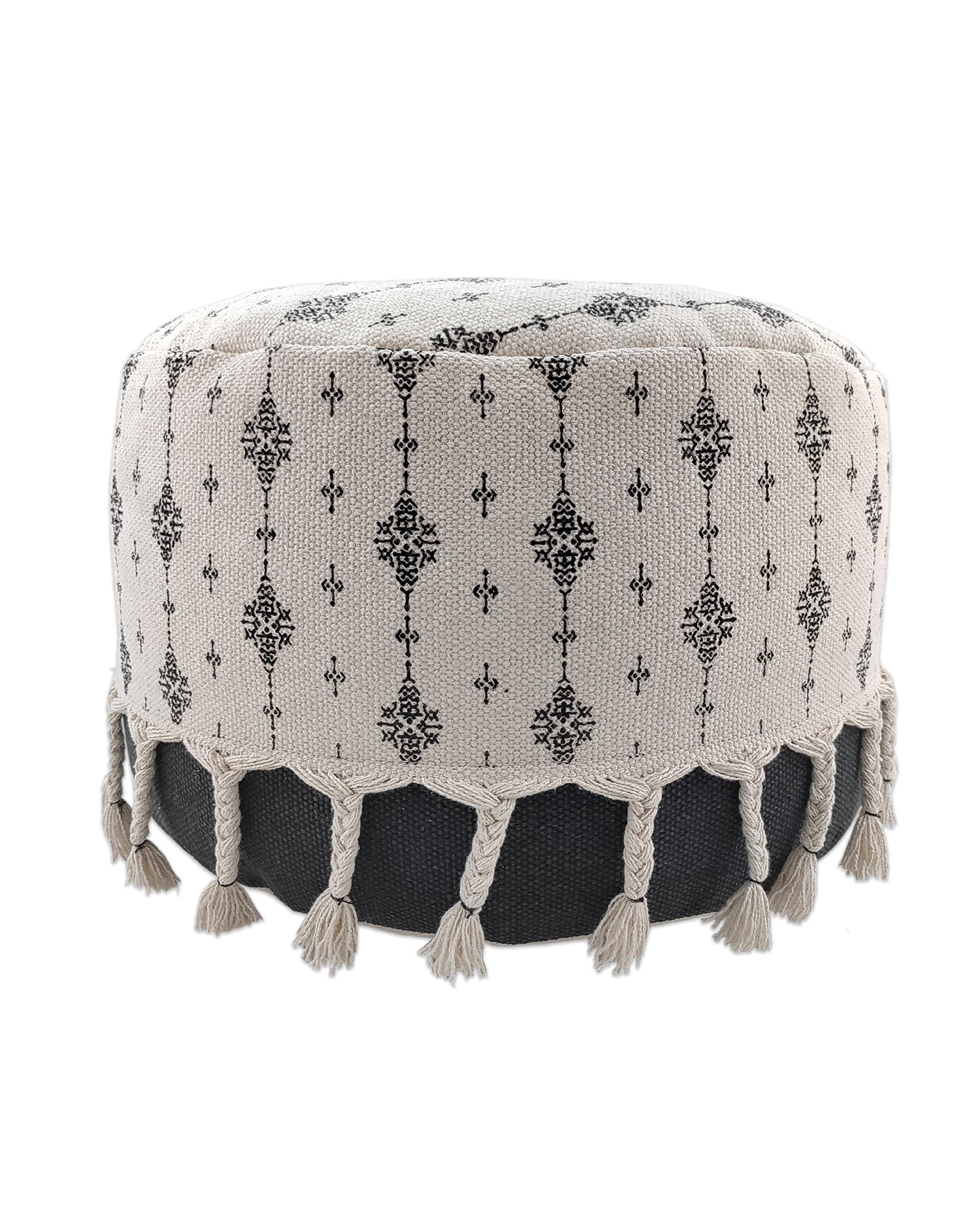 Handcrafted black and white cotton pouf with elegant fringes, adding a modern monochrome touch to any living space.