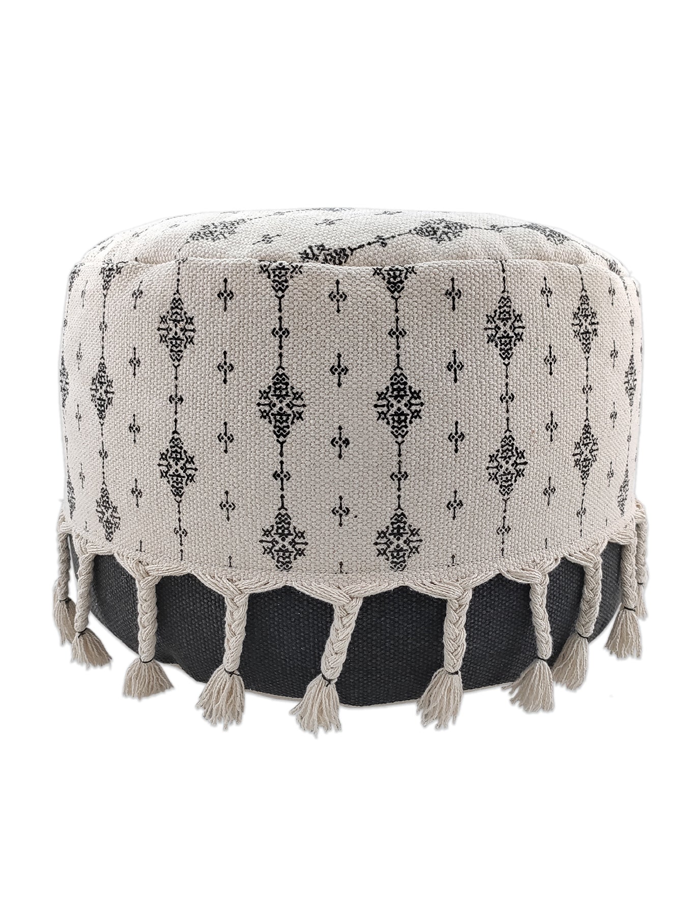 Handcrafted black and white cotton pouf with elegant fringes, adding a modern monochrome touch to any living space.