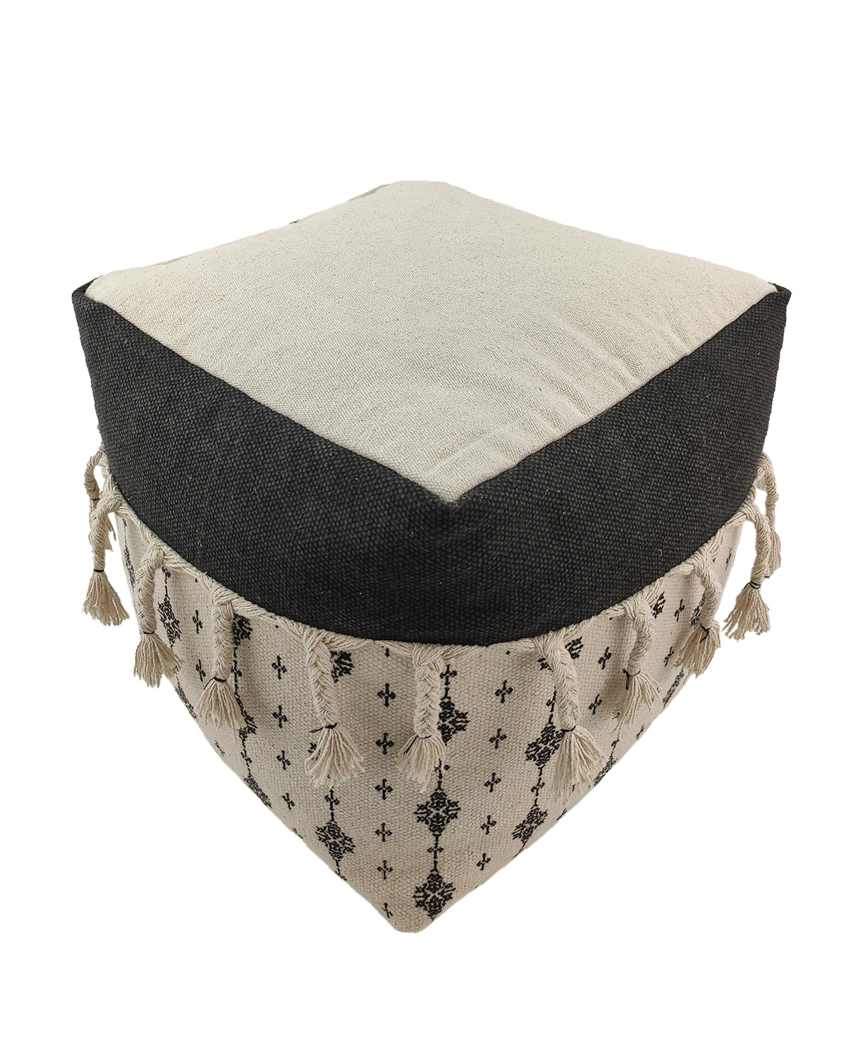 Modern black and white cotton pouf with soft fringe detailing, ideal for stylish and comfortable home decor.