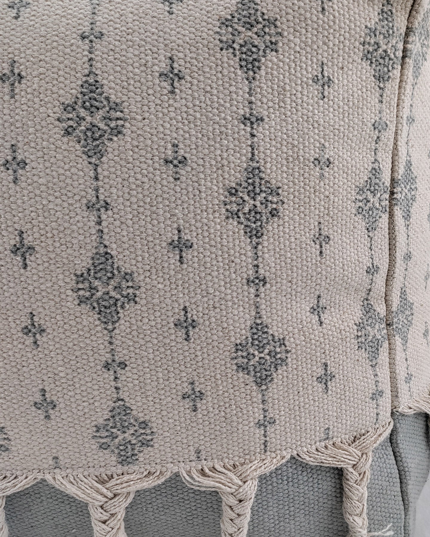 Detailed shot showcasing the fine craftsmanship and fabric texture of the white and grey cotton pouf with elegant fringes.