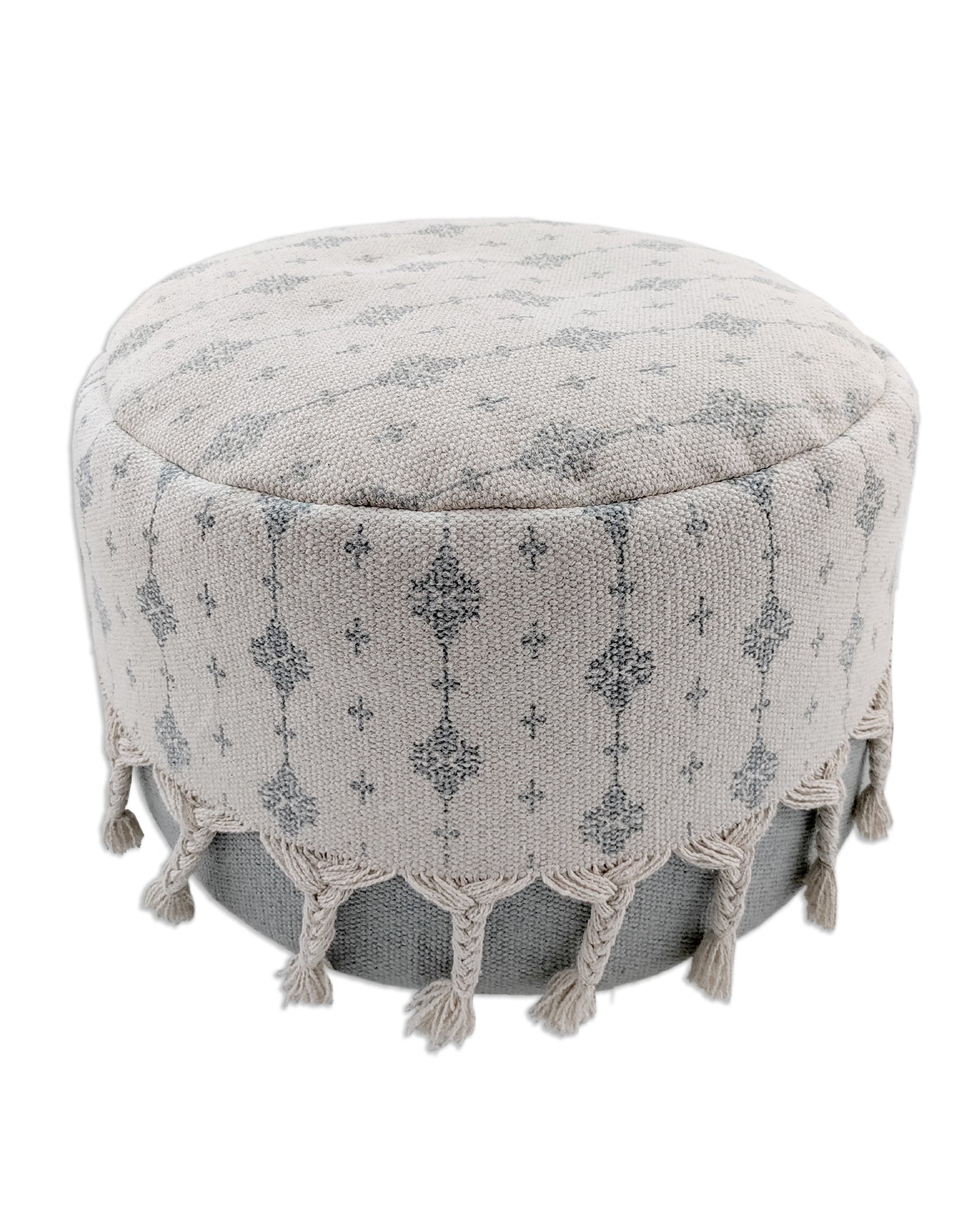 Stylish white and grey cotton pouf featuring delicate fringe accents, perfect for contemporary living room decor.