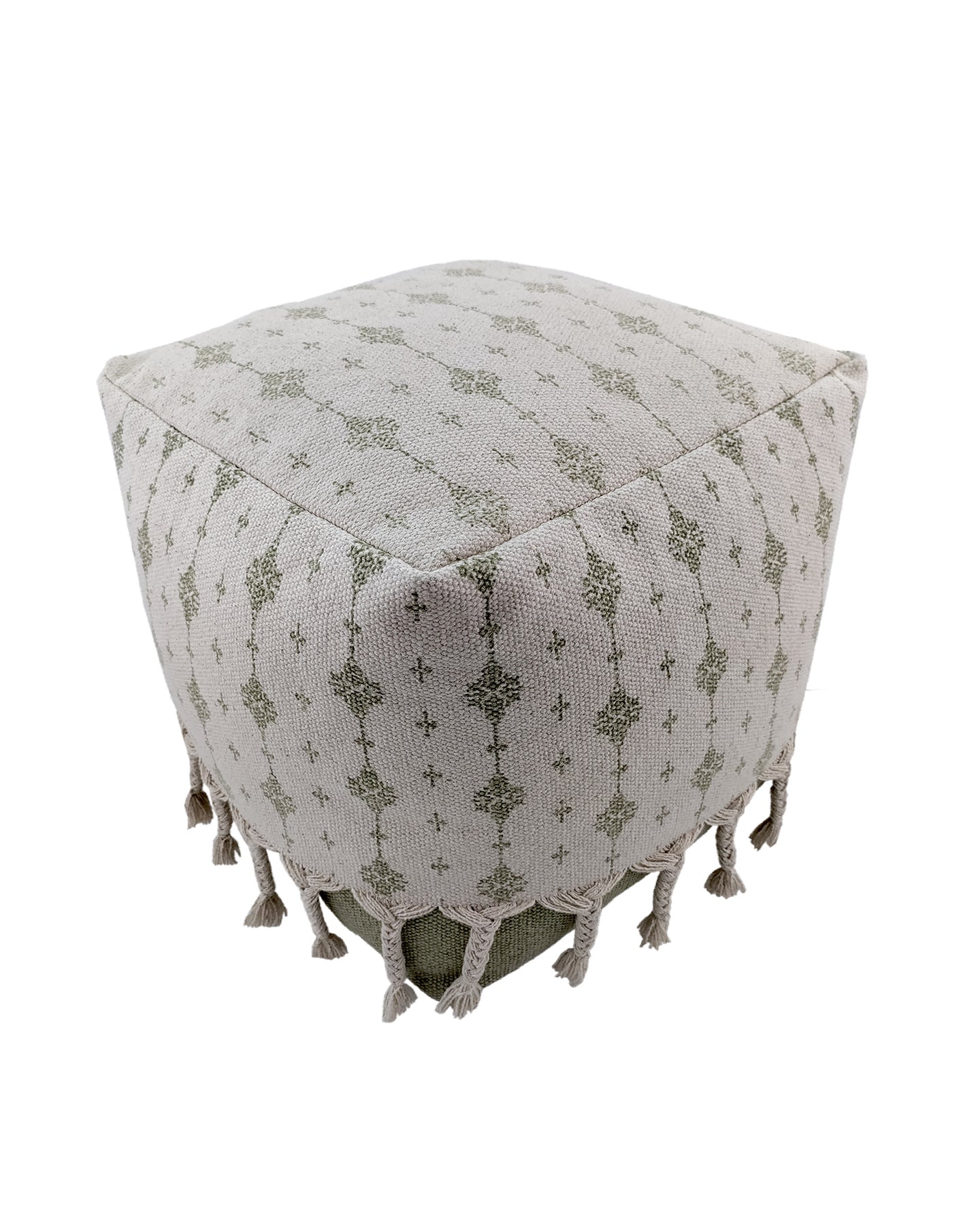 Stylish white and green cotton pouf featuring soft fringes, perfect as a decorative and functional seating piece.