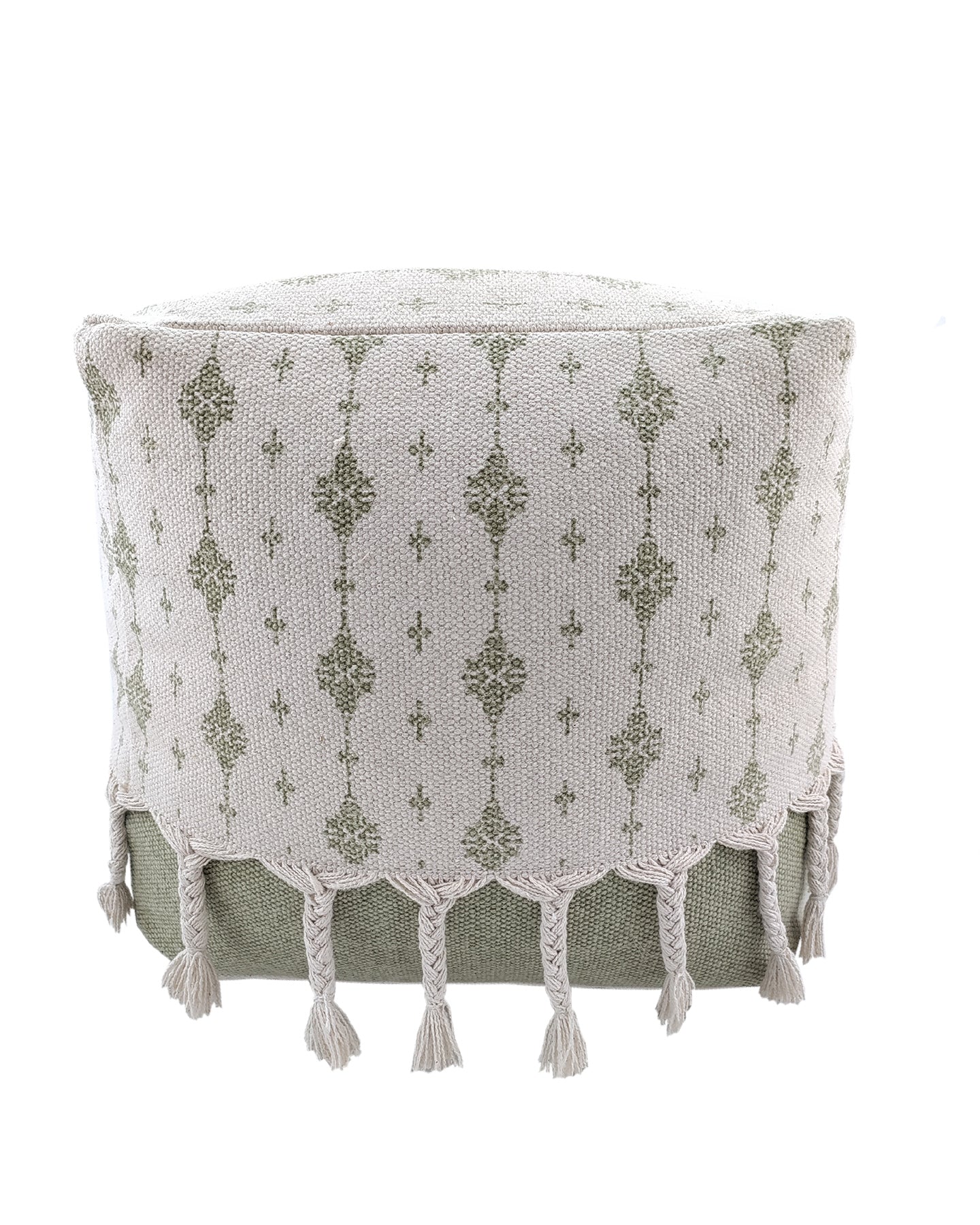 White and green cotton pouf with fringes, handcrafted for modern home decor and extra seating comfort.