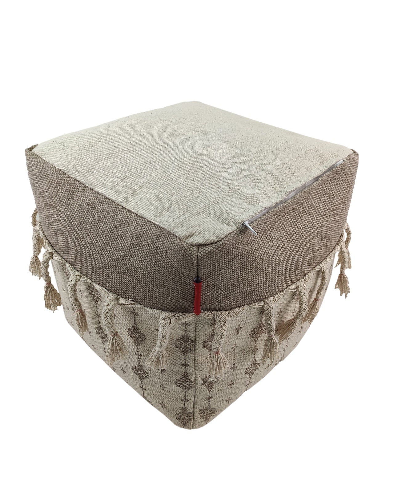 Handcrafted white and beige cotton pouf with soft fringes, designed to bring warmth and elegance to any living space.