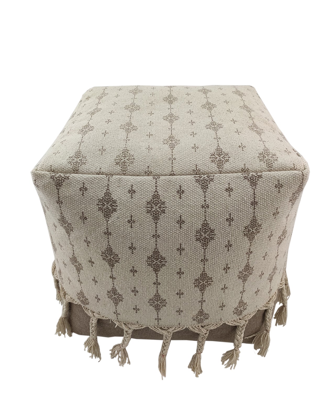 Neutral-toned white and beige cotton pouf featuring fringed edges, perfect for cozy and minimalist home decor.