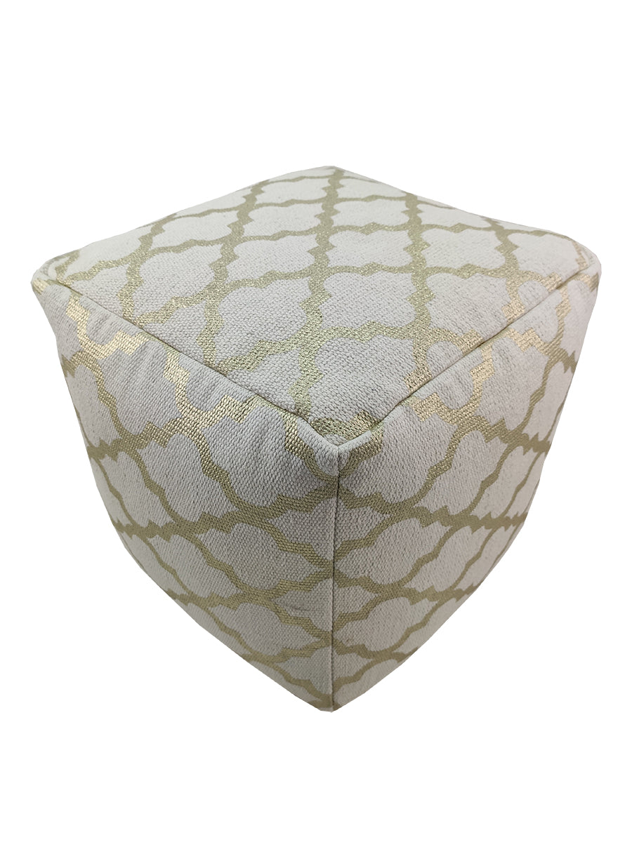 Handmade white and gold cotton pouf with elegant woven texture, perfect as a stylish accent for living spaces.