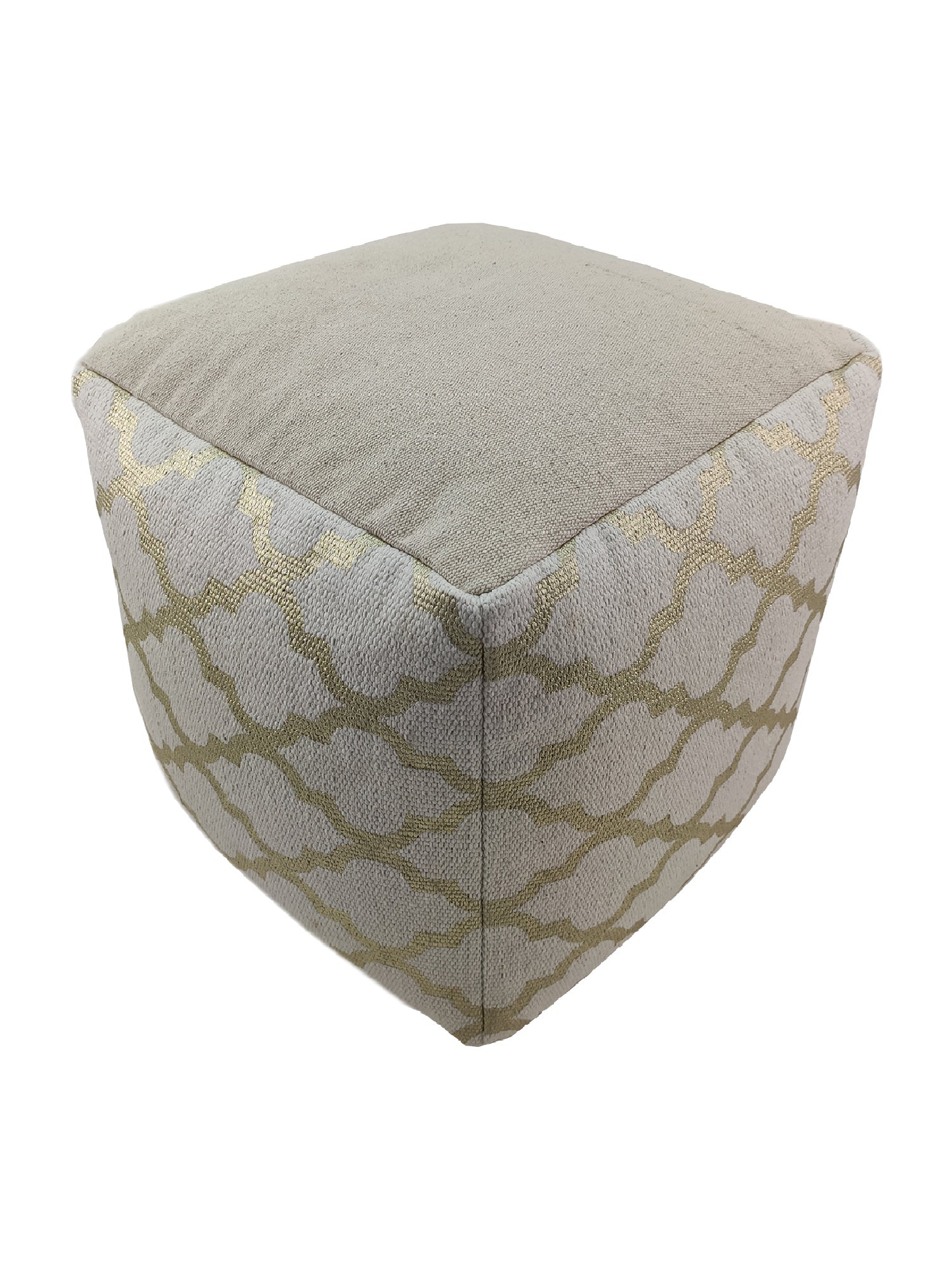 Round white and gold pouf featuring soft cotton fabric and a contemporary design for modern home decor.