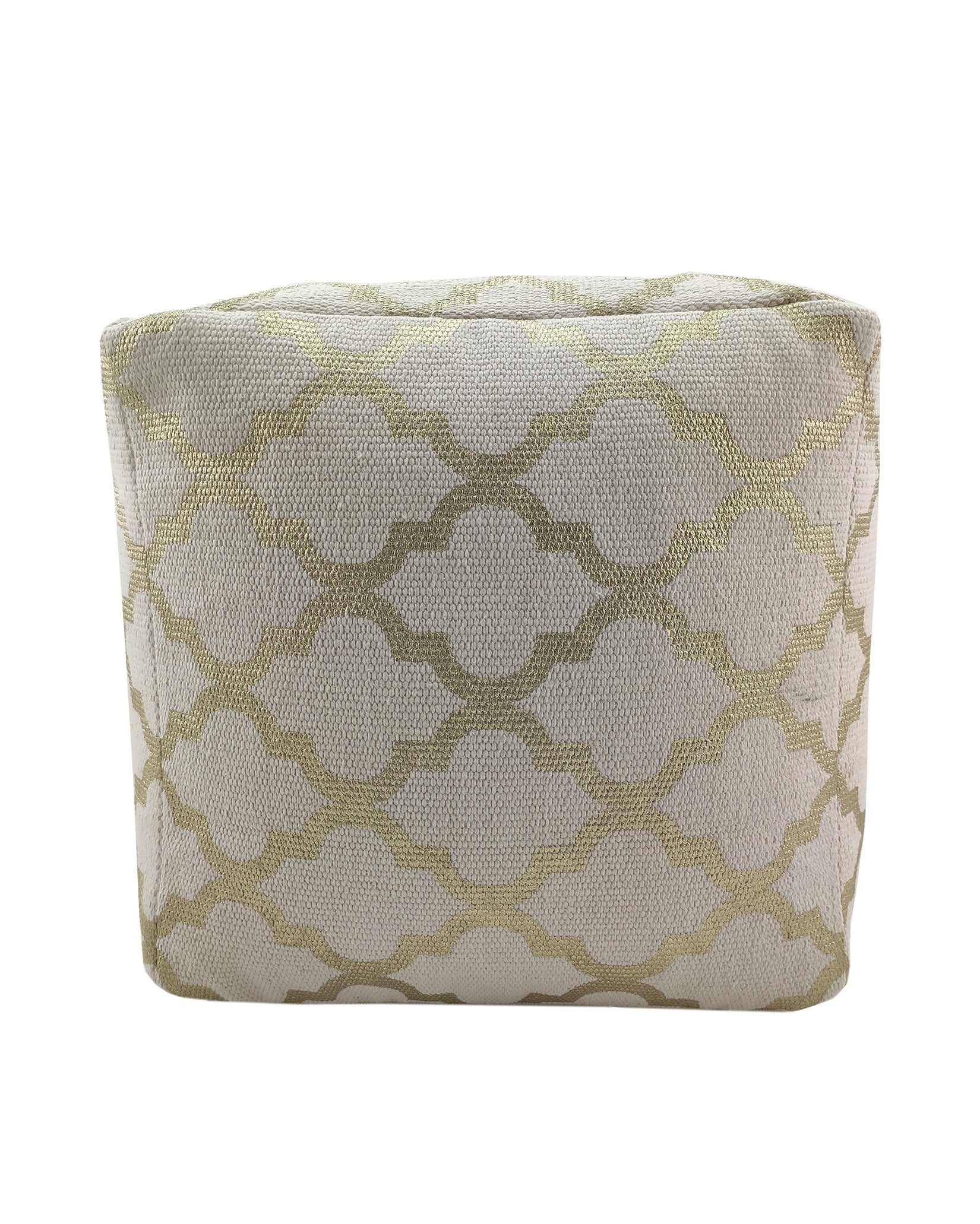Decorative white and gold cotton pouf with a chic handmade finish, ideal for modern living rooms or bedrooms.