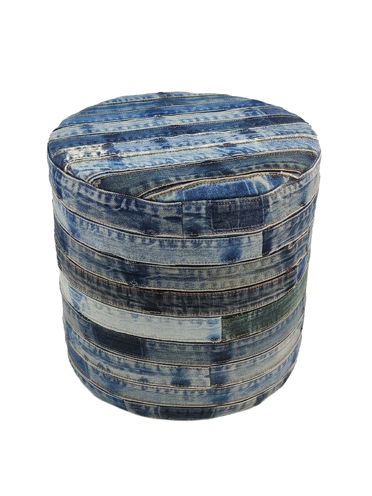 Handcrafted denim cylindrical cotton pouf in deep blue, featuring sturdy woven texture and soft cushioned top for versatile seating.