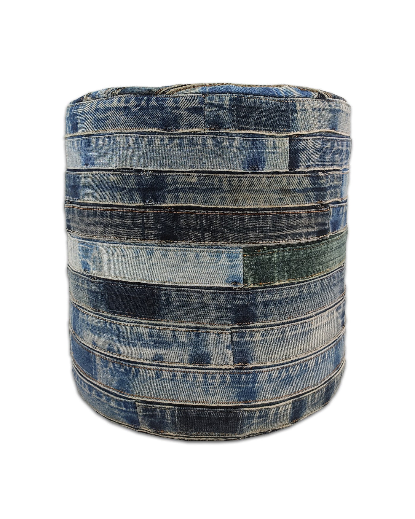 Blue denim cotton pouf with cylindrical shape, showcasing detailed handwoven craftsmanship and smooth fabric finish.