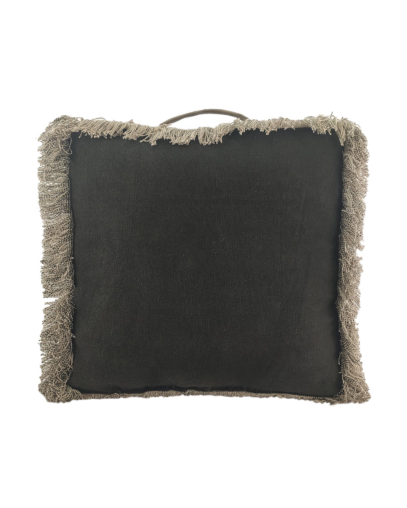Handmade black cotton pouf with premium leather handle — a modern and functional seating accent for contemporary interiors.