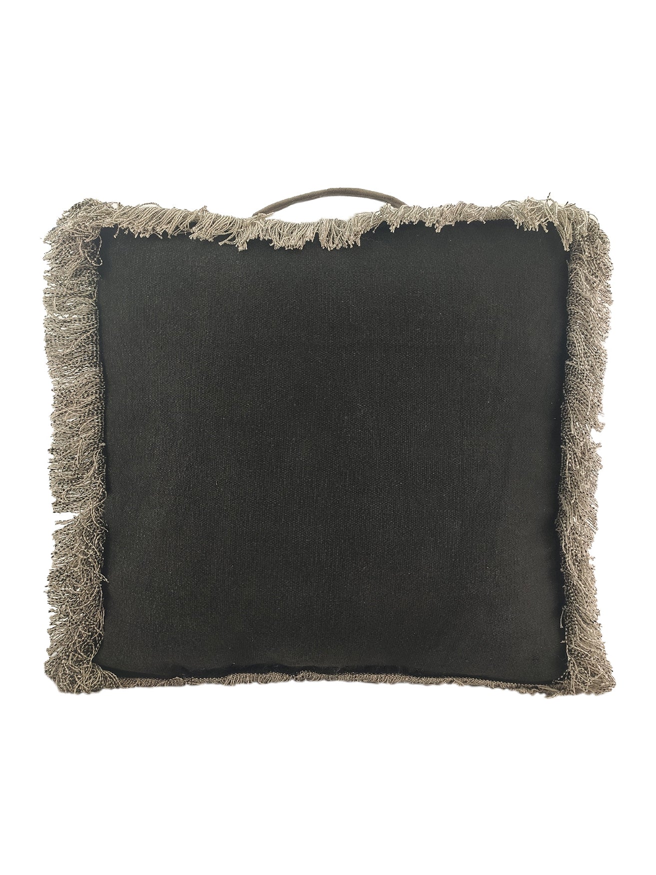 Handmade black cotton pouf with premium leather handle — a modern and functional seating accent for contemporary interiors.