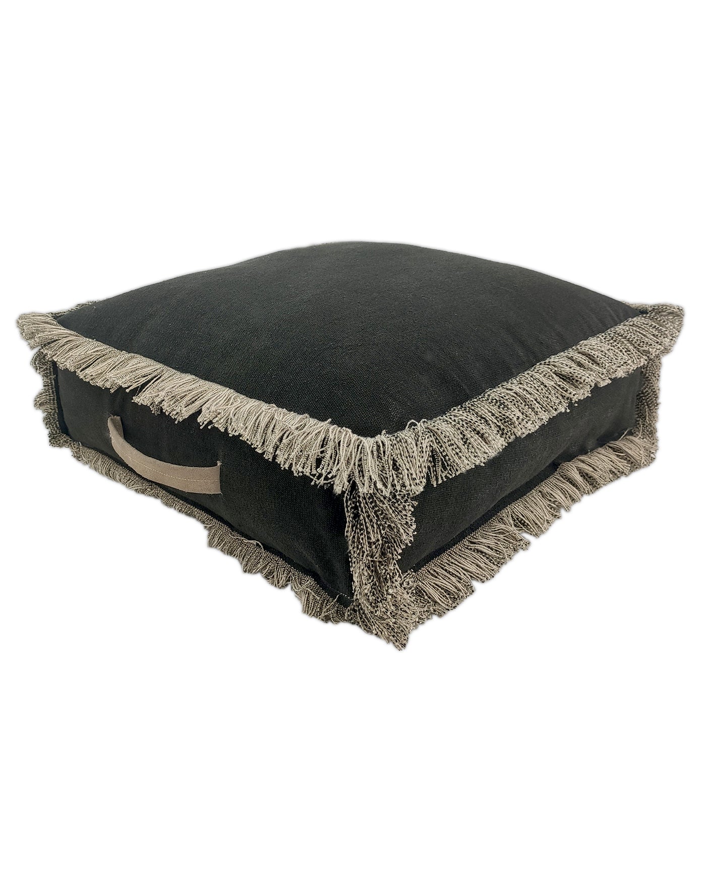 Stylish black cotton pouf featuring a durable leather handle, perfect for adding texture and elegance to living room decor.