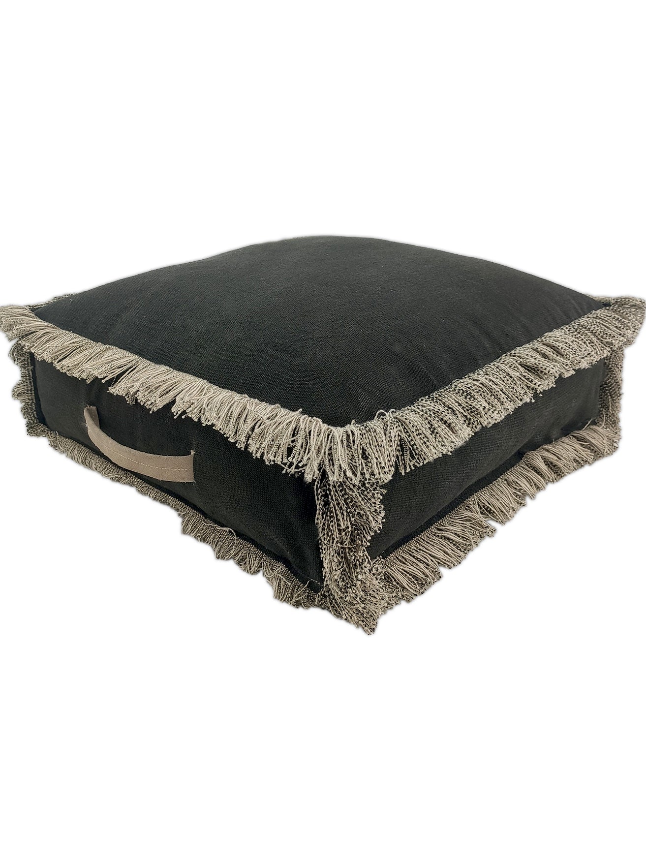 Stylish black cotton pouf featuring a durable leather handle, perfect for adding texture and elegance to living room decor.