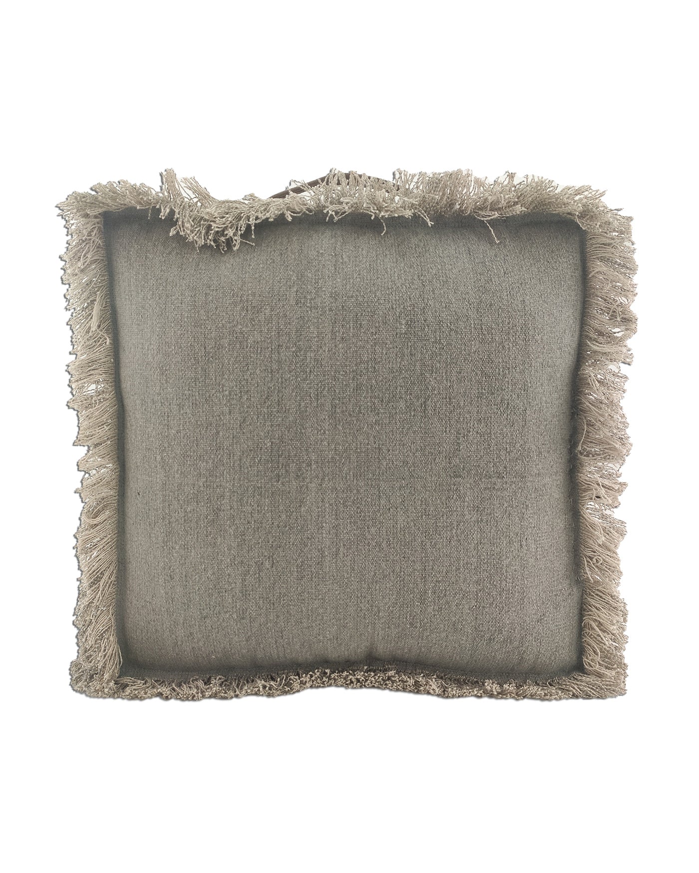 Grey cotton pouf with leather handle placed in a modern living room, showcasing its minimalist and elegant design.