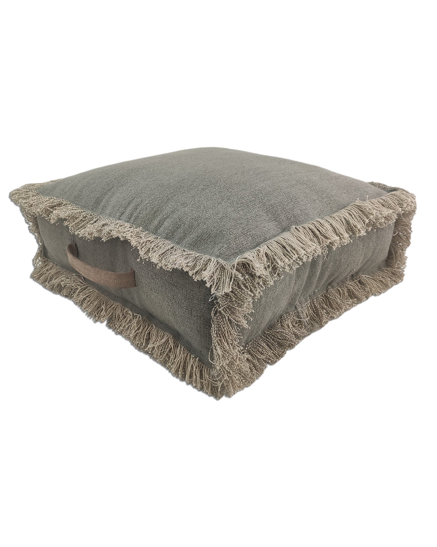 Handcrafted grey cotton pouf with a sturdy leather handle, perfect for contemporary home interiors.