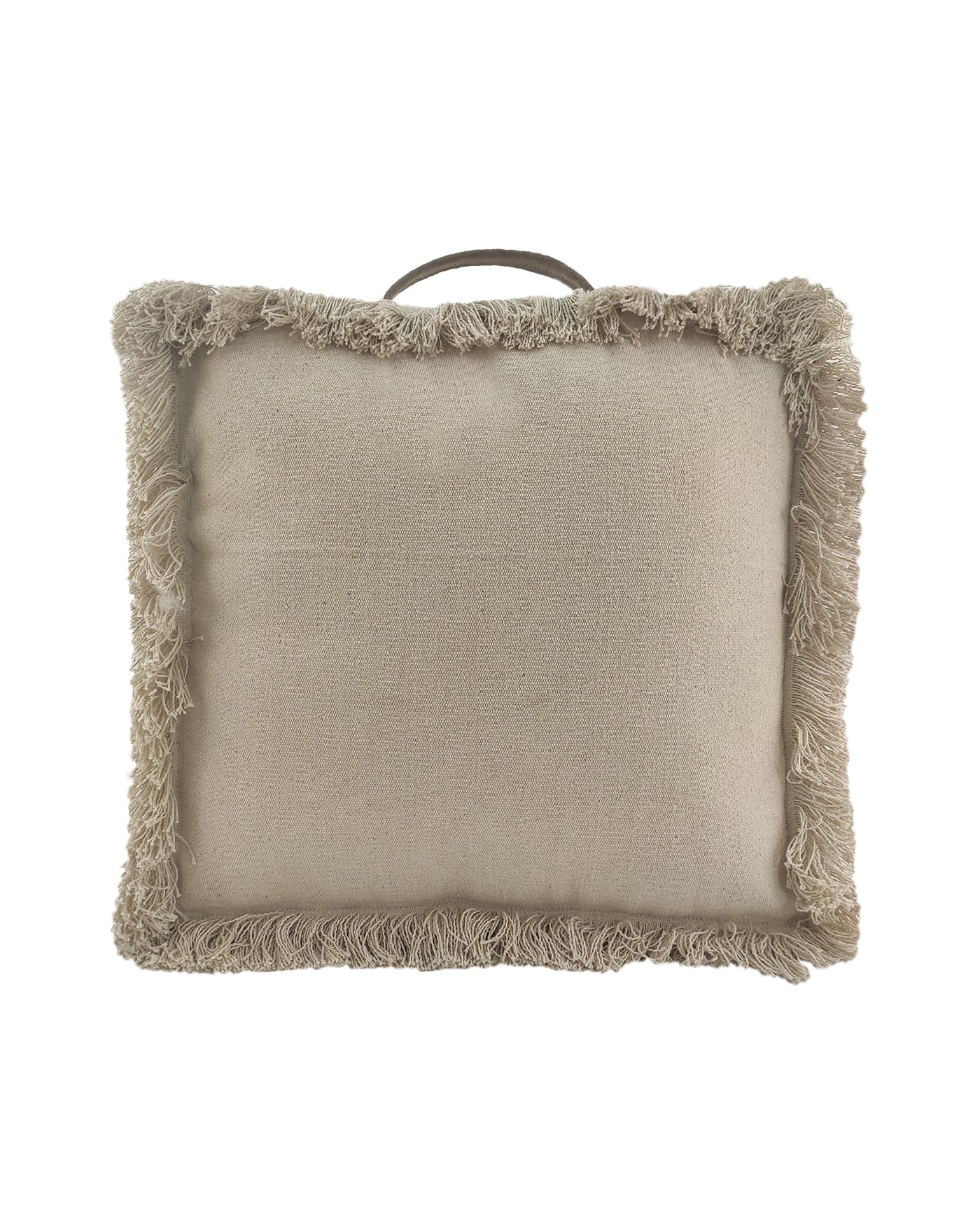 Handmade light beige cotton pouf featuring a sturdy leather handle, perfect for contemporary home decor.