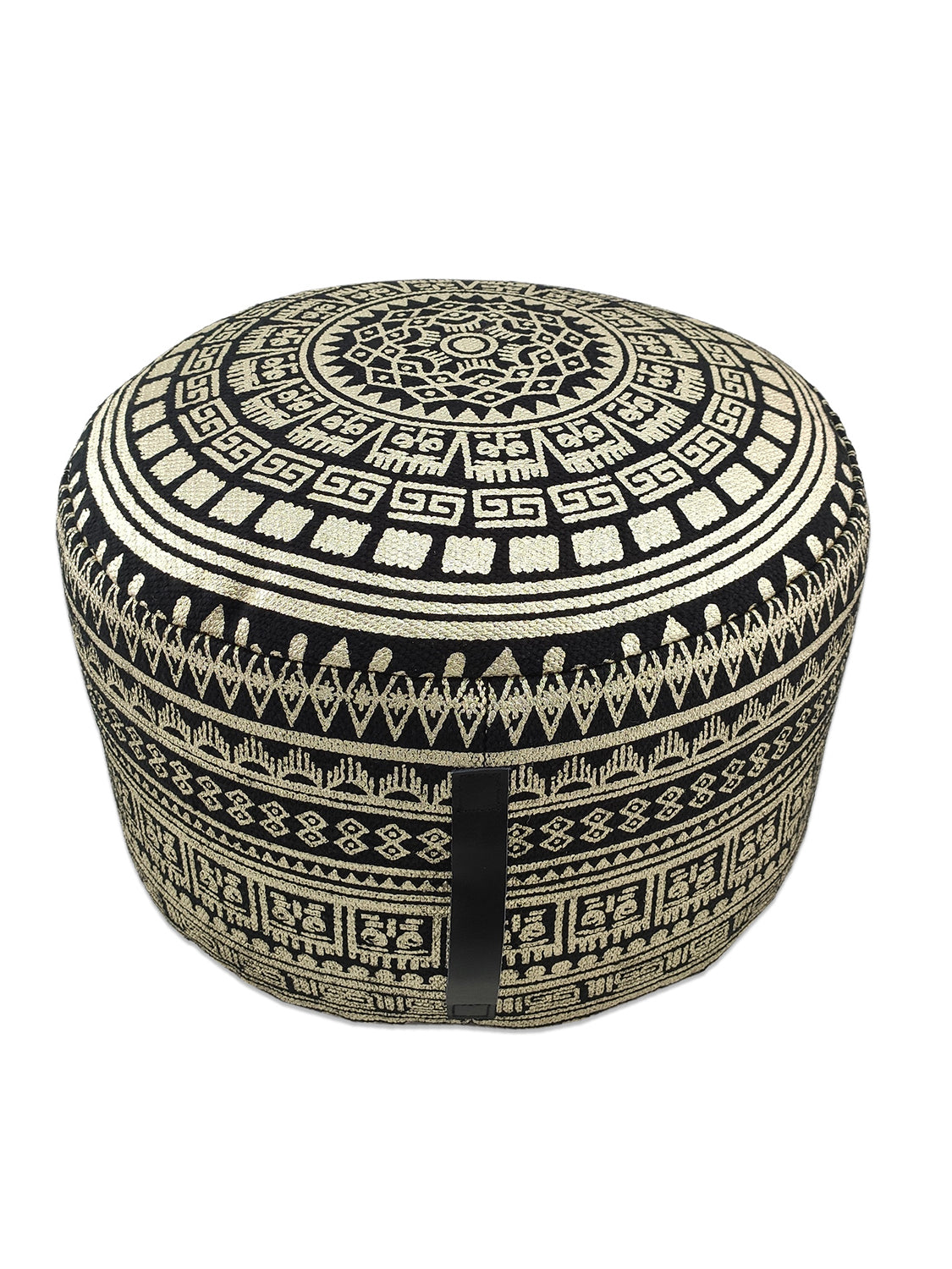 Handcrafted black and gold cotton pouf PF-091 with leather handle, adding a luxurious and modern touch to home decor.