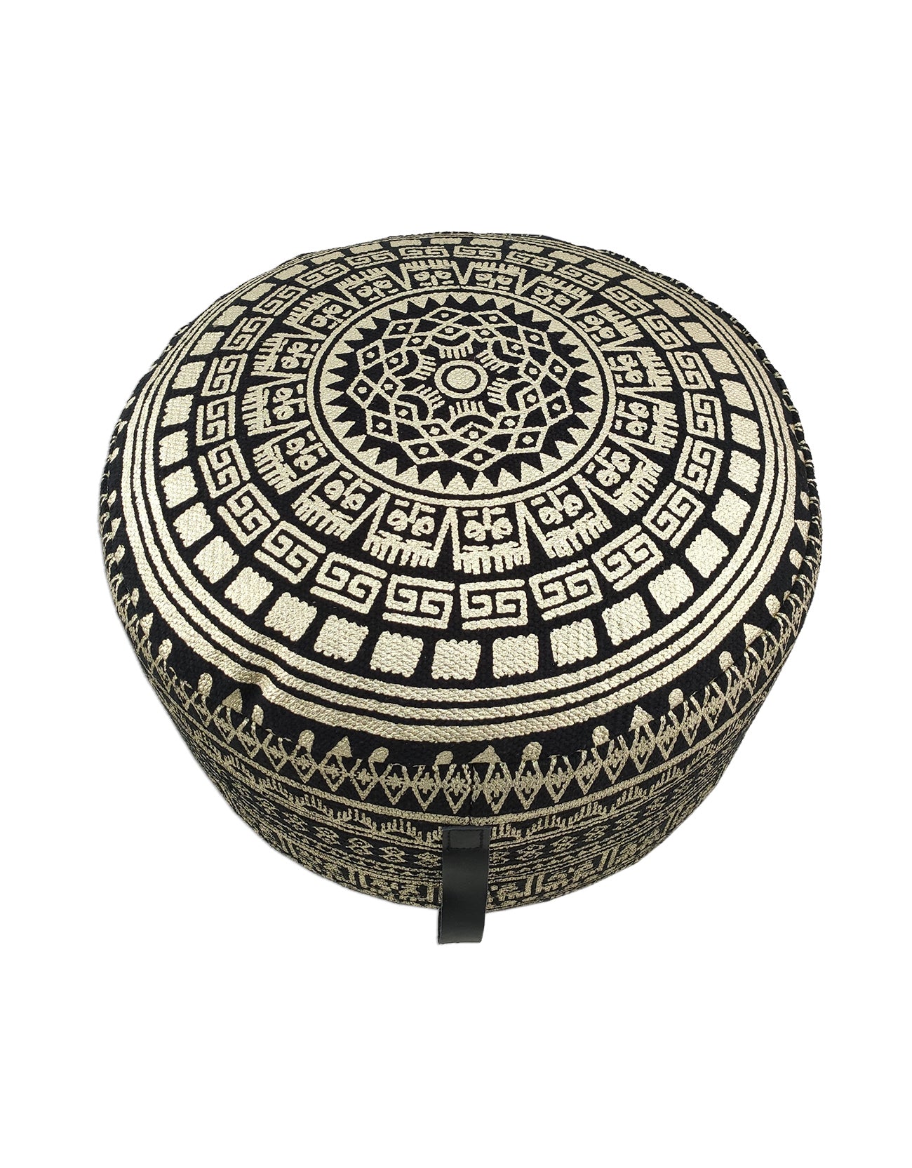 Top view of PF-091 cotton pouf displaying the elegant black and gold woven pattern and circular handcrafted design.