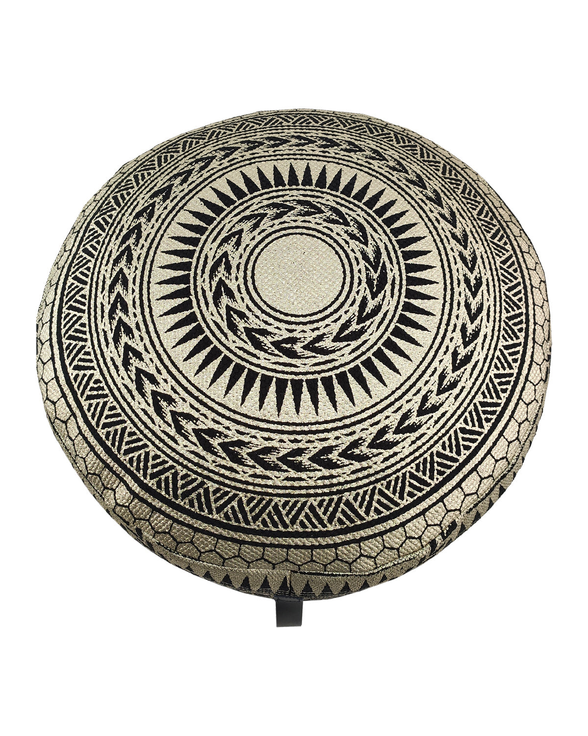 Top view of black and gold cotton pouf PF-092 showcasing its round shape and elegant woven design.