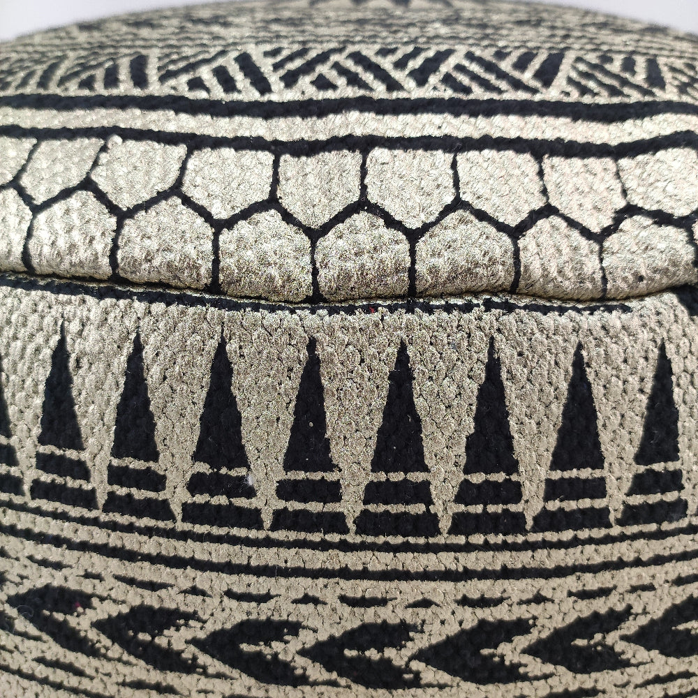 Cotton Pouf Black And Gold With Leather Handle PF-092